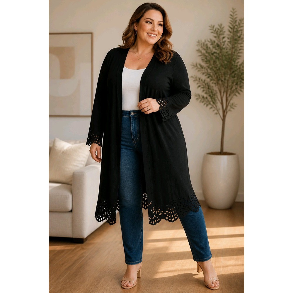 Womens Black Laser Cut Eyelet Hem Open Front Cardigan Plus Size 3XL Long Sleeve
